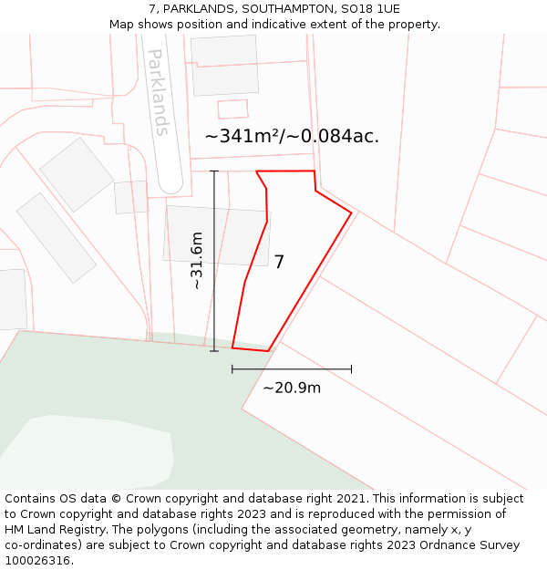 7, PARKLANDS, SOUTHAMPTON, SO18 1UE: Plot and title map