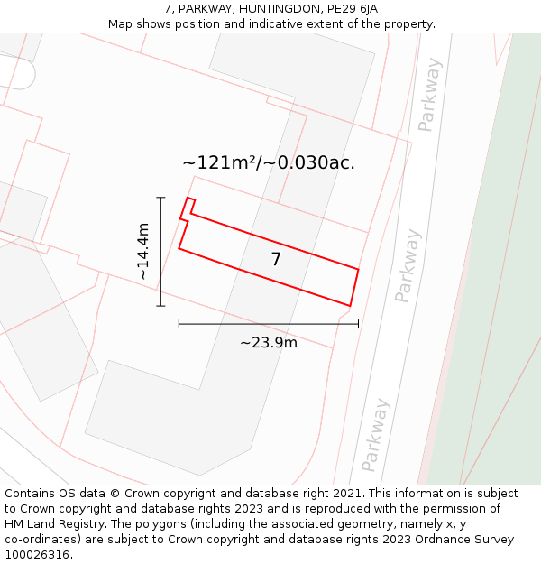 7, PARKWAY, HUNTINGDON, PE29 6JA: Plot and title map