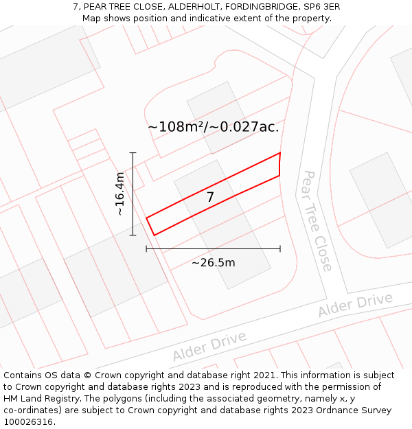 7, PEAR TREE CLOSE, ALDERHOLT, FORDINGBRIDGE, SP6 3ER: Plot and title map