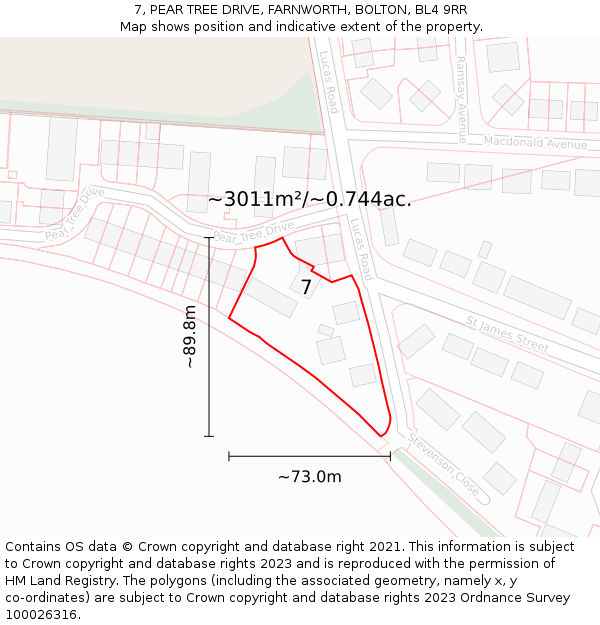 7, PEAR TREE DRIVE, FARNWORTH, BOLTON, BL4 9RR: Plot and title map