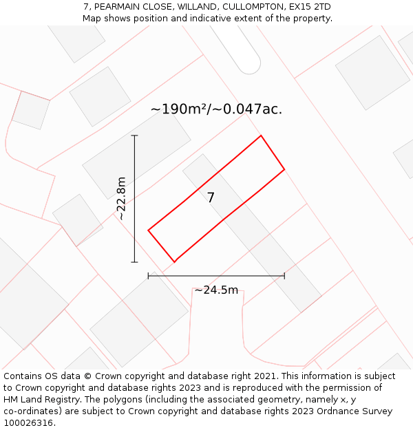 7, PEARMAIN CLOSE, WILLAND, CULLOMPTON, EX15 2TD: Plot and title map