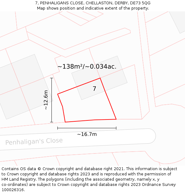 7, PENHALIGANS CLOSE, CHELLASTON, DERBY, DE73 5QG: Plot and title map