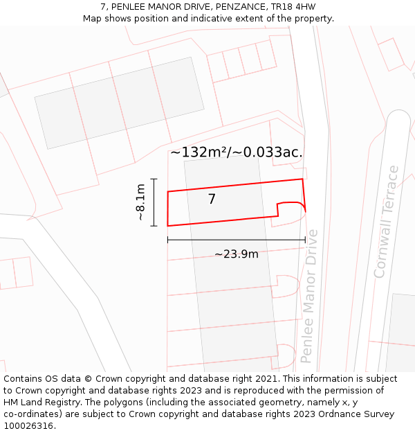 7, PENLEE MANOR DRIVE, PENZANCE, TR18 4HW: Plot and title map
