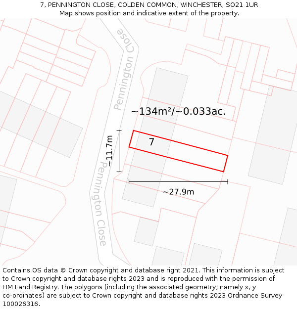 7, PENNINGTON CLOSE, COLDEN COMMON, WINCHESTER, SO21 1UR: Plot and title map