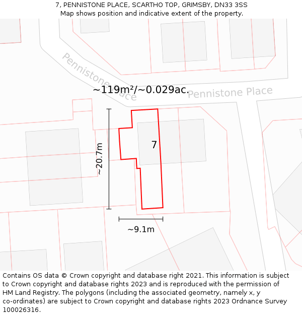 7, PENNISTONE PLACE, SCARTHO TOP, GRIMSBY, DN33 3SS: Plot and title map