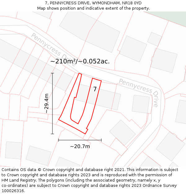 7, PENNYCRESS DRIVE, WYMONDHAM, NR18 0YD: Plot and title map