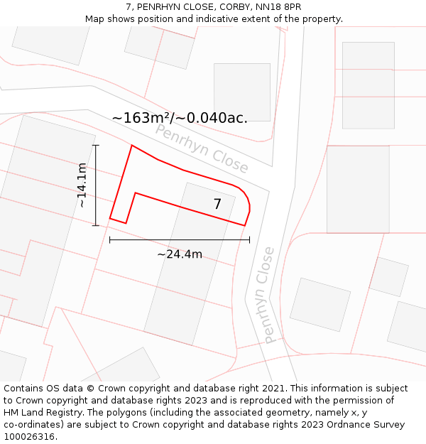 7, PENRHYN CLOSE, CORBY, NN18 8PR: Plot and title map