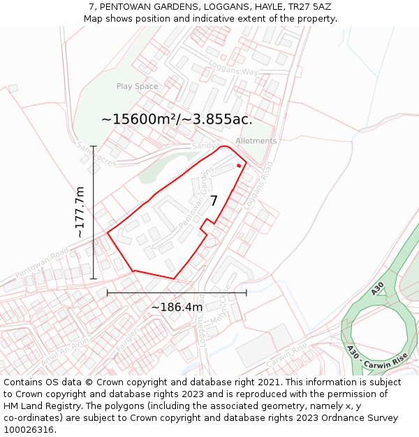 7, PENTOWAN GARDENS, LOGGANS, HAYLE, TR27 5AZ: Plot and title map