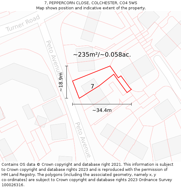 7, PEPPERCORN CLOSE, COLCHESTER, CO4 5WS: Plot and title map