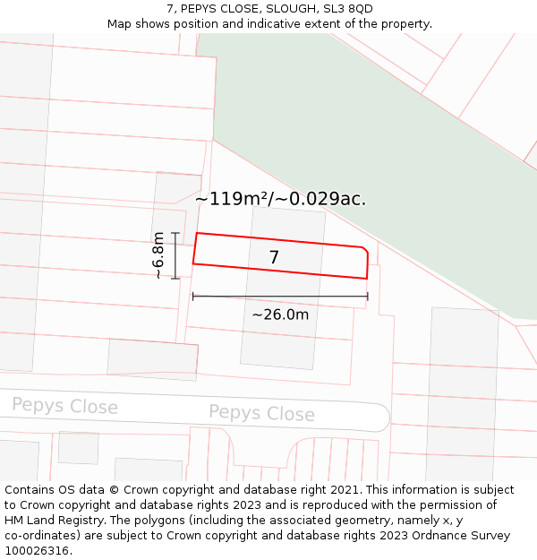 7, PEPYS CLOSE, SLOUGH, SL3 8QD: Plot and title map