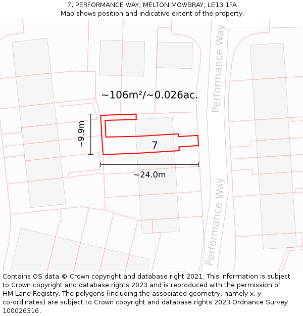 7, PERFORMANCE WAY, MELTON MOWBRAY, LE13 1FA: Plot and title map