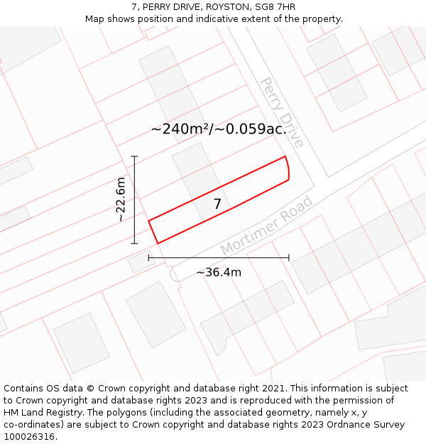 7, PERRY DRIVE, ROYSTON, SG8 7HR: Plot and title map