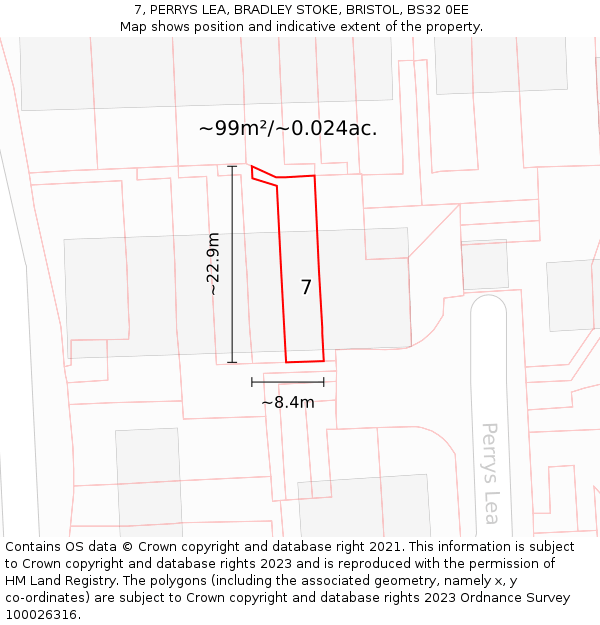 7, PERRYS LEA, BRADLEY STOKE, BRISTOL, BS32 0EE: Plot and title map