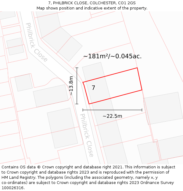 7, PHILBRICK CLOSE, COLCHESTER, CO1 2GS: Plot and title map