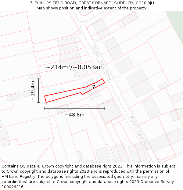 7, PHILLIPS FIELD ROAD, GREAT CORNARD, SUDBURY, CO10 0JH: Plot and title map