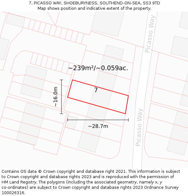 7, PICASSO WAY, SHOEBURYNESS, SOUTHEND-ON-SEA, SS3 9TD: Plot and title map