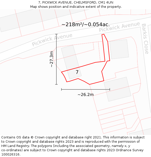 7, PICKWICK AVENUE, CHELMSFORD, CM1 4UN: Plot and title map