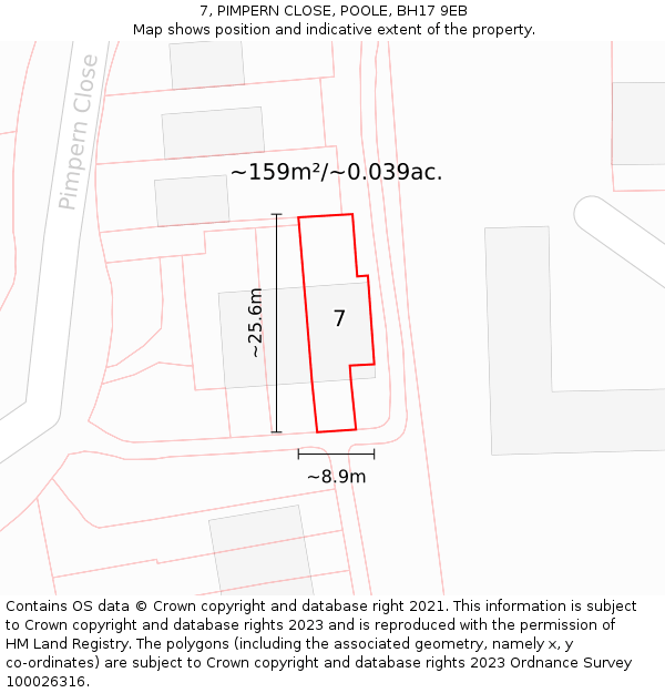 7, PIMPERN CLOSE, POOLE, BH17 9EB: Plot and title map
