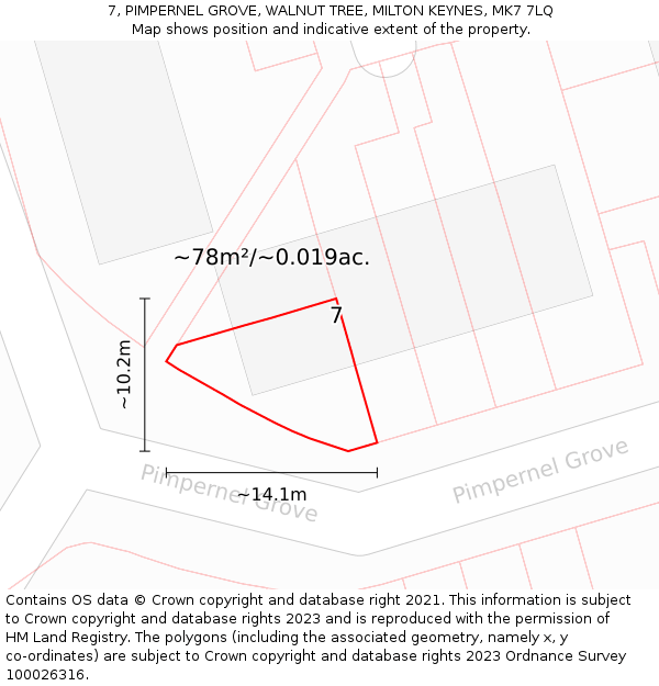 7, PIMPERNEL GROVE, WALNUT TREE, MILTON KEYNES, MK7 7LQ: Plot and title map