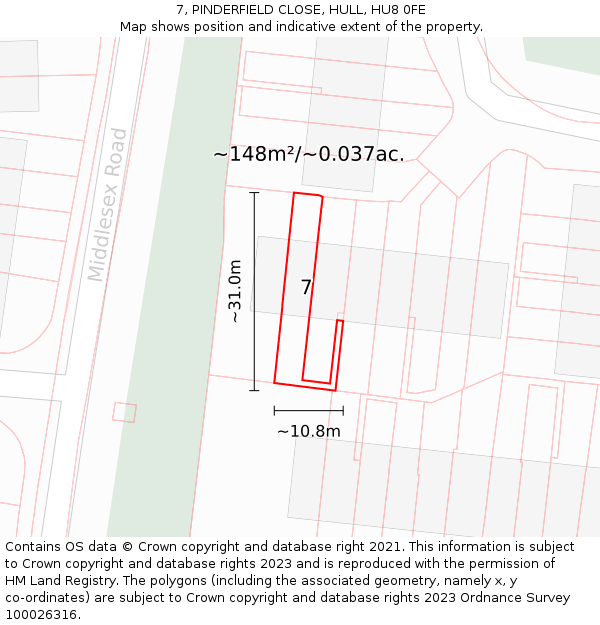 7, PINDERFIELD CLOSE, HULL, HU8 0FE: Plot and title map
