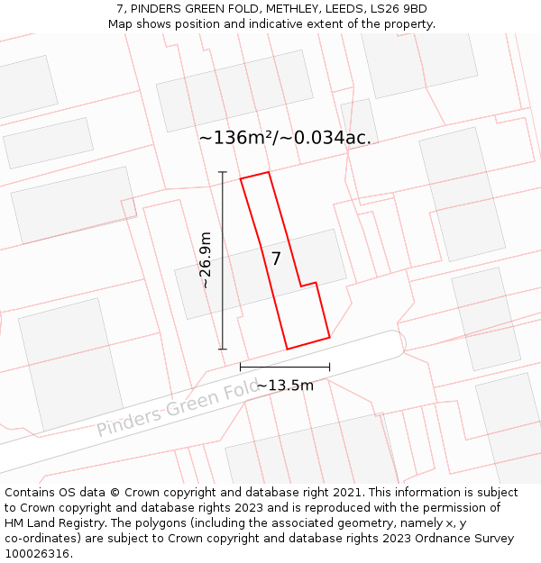 7, PINDERS GREEN FOLD, METHLEY, LEEDS, LS26 9BD: Plot and title map