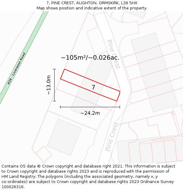 7, PINE CREST, AUGHTON, ORMSKIRK, L39 5HX: Plot and title map