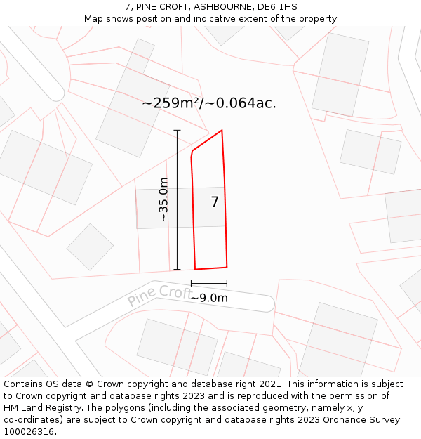 7, PINE CROFT, ASHBOURNE, DE6 1HS: Plot and title map