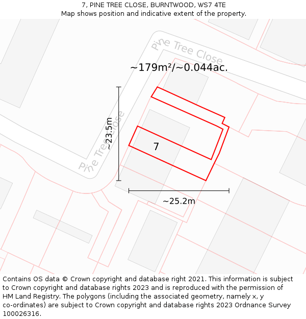 7, PINE TREE CLOSE, BURNTWOOD, WS7 4TE: Plot and title map