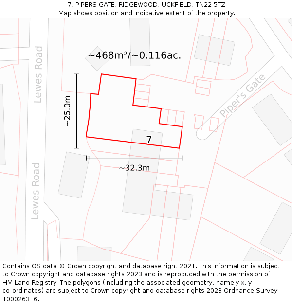 7, PIPERS GATE, RIDGEWOOD, UCKFIELD, TN22 5TZ: Plot and title map