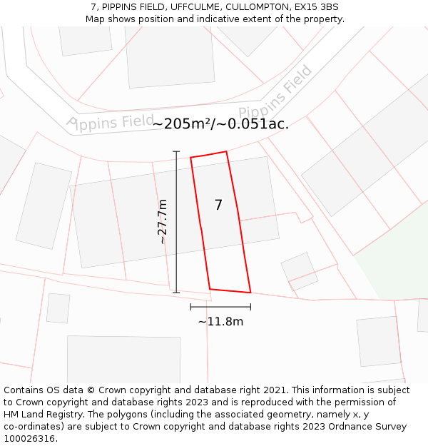 7, PIPPINS FIELD, UFFCULME, CULLOMPTON, EX15 3BS: Plot and title map