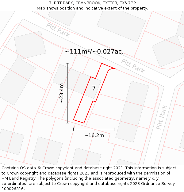 7, PITT PARK, CRANBROOK, EXETER, EX5 7BP: Plot and title map