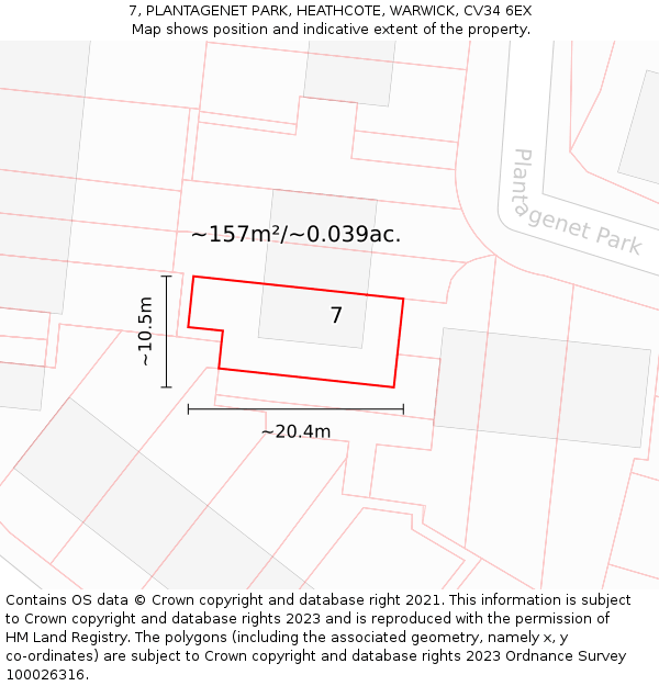 7, PLANTAGENET PARK, HEATHCOTE, WARWICK, CV34 6EX: Plot and title map