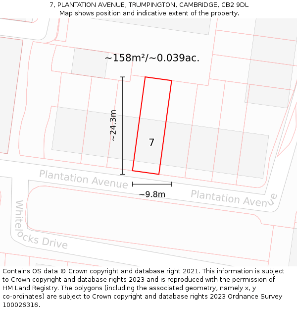 7, PLANTATION AVENUE, TRUMPINGTON, CAMBRIDGE, CB2 9DL: Plot and title map