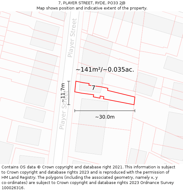 7, PLAYER STREET, RYDE, PO33 2JB: Plot and title map