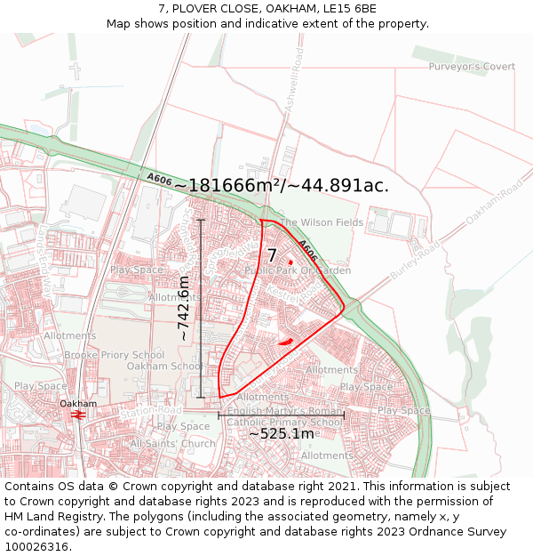 7, PLOVER CLOSE, OAKHAM, LE15 6BE: Plot and title map