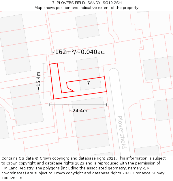 7, PLOVERS FIELD, SANDY, SG19 2SH: Plot and title map