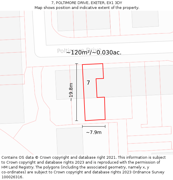 7, POLTIMORE DRIVE, EXETER, EX1 3DY: Plot and title map