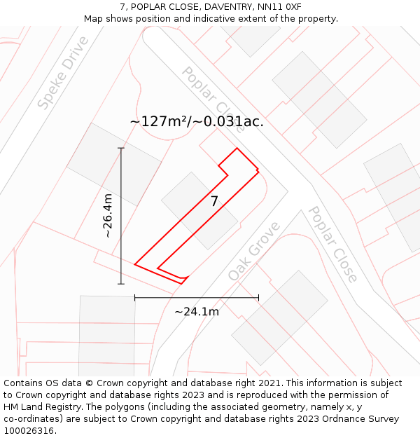 7, POPLAR CLOSE, DAVENTRY, NN11 0XF: Plot and title map