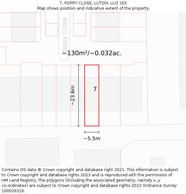7, POPPY CLOSE, LUTON, LU3 1EX: Plot and title map