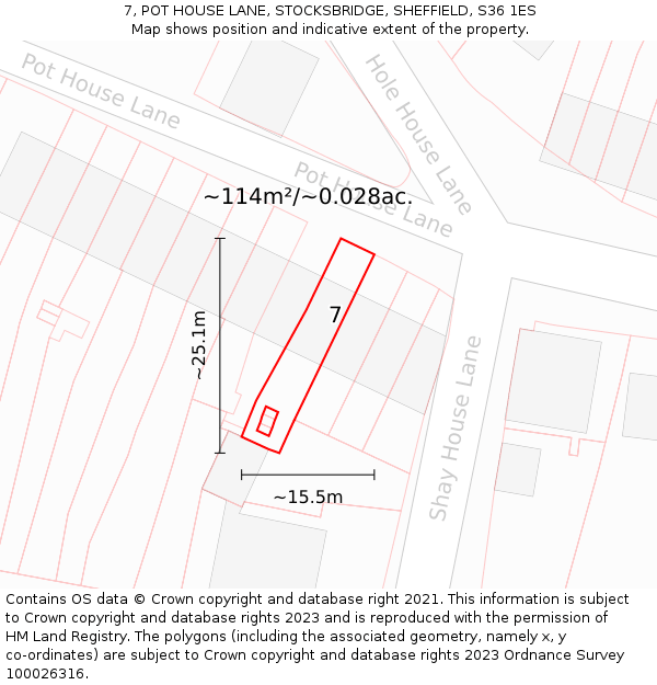 7, POT HOUSE LANE, STOCKSBRIDGE, SHEFFIELD, S36 1ES: Plot and title map