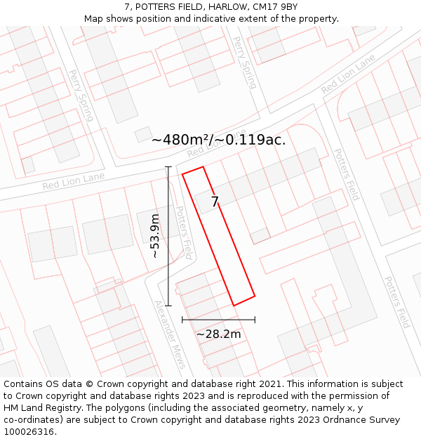 7, POTTERS FIELD, HARLOW, CM17 9BY: Plot and title map