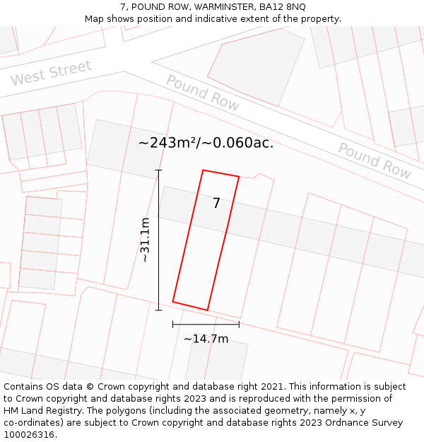 7, POUND ROW, WARMINSTER, BA12 8NQ: Plot and title map