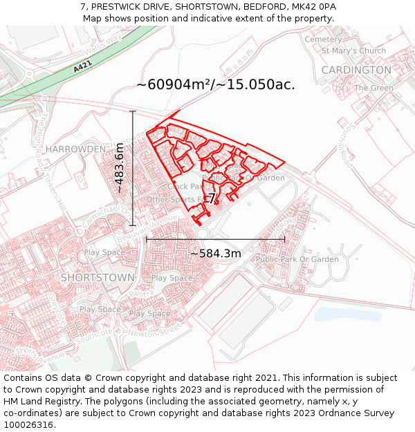 7, PRESTWICK DRIVE, SHORTSTOWN, BEDFORD, MK42 0PA: Plot and title map