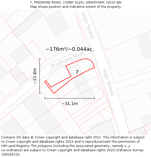 7, PRIDMORE ROAD, CORBY GLEN, GRANTHAM, NG33 4JN: Plot and title map
