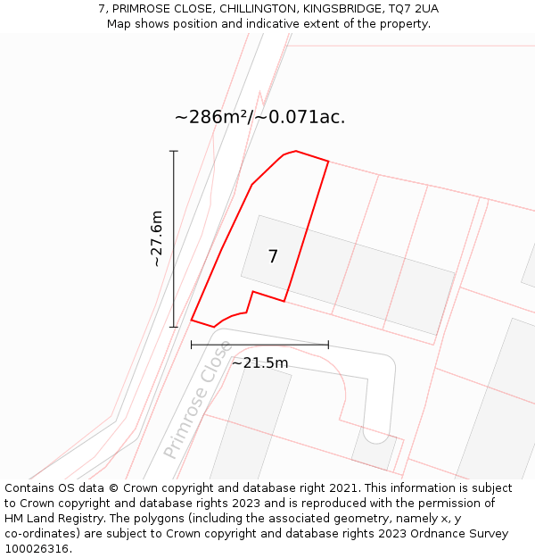 7, PRIMROSE CLOSE, CHILLINGTON, KINGSBRIDGE, TQ7 2UA: Plot and title map