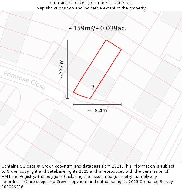 7, PRIMROSE CLOSE, KETTERING, NN16 9PD: Plot and title map