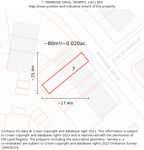 7, PRIMROSE DRIVE, PENRITH, CA11 8FD: Plot and title map