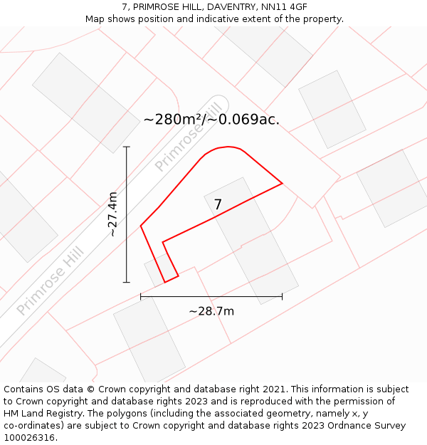 7, PRIMROSE HILL, DAVENTRY, NN11 4GF: Plot and title map