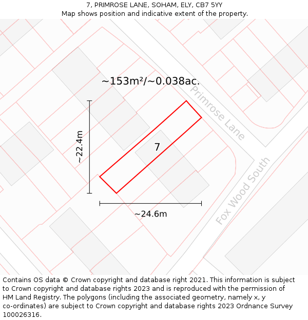 7, PRIMROSE LANE, SOHAM, ELY, CB7 5YY: Plot and title map
