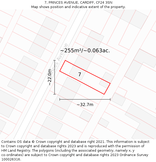 7, PRINCES AVENUE, CARDIFF, CF24 3SN: Plot and title map